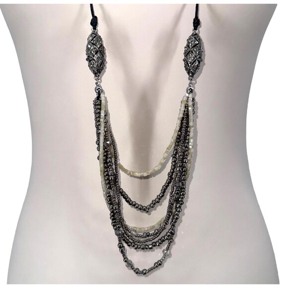 J. Jill Layered Necklace Art Deco Silver Tone Hematite Bead Pavé Adjustable Cord - Picture 13 of 15